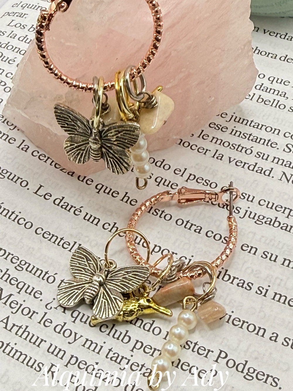 MOONSTONE + Rose Gold Hoop Earrings with Butterfly, Pearl & Shell Charms